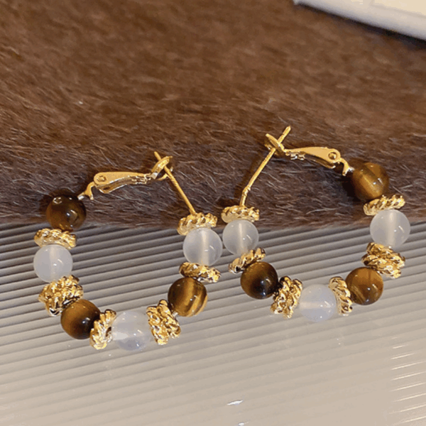 Tiger Eye & Frosted Gold Hoop Earrings