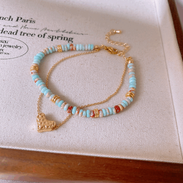 Heart Charm Layered Beaded Bracelet