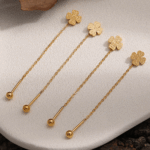 Gold Long Chain Flower Drop Earrings – Titanium Steel Minimalist Design