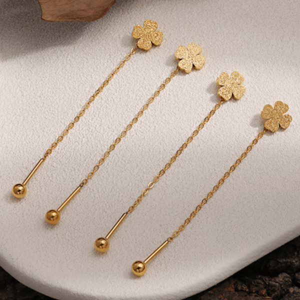 Gold Long Chain Flower Drop Earrings – Titanium Steel Minimalist Design