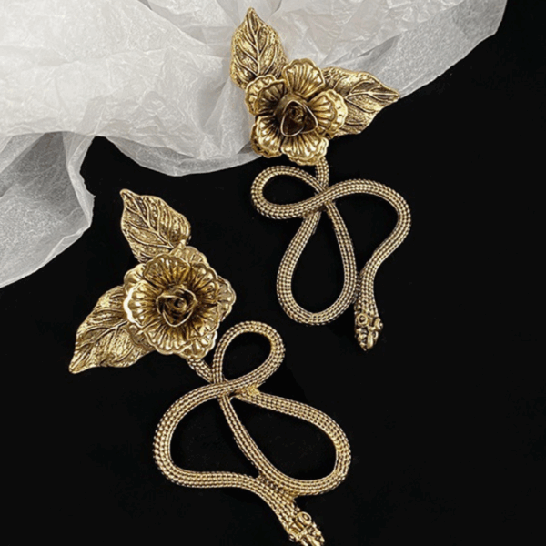 Gilded Serpent & Rose Statement Earrings