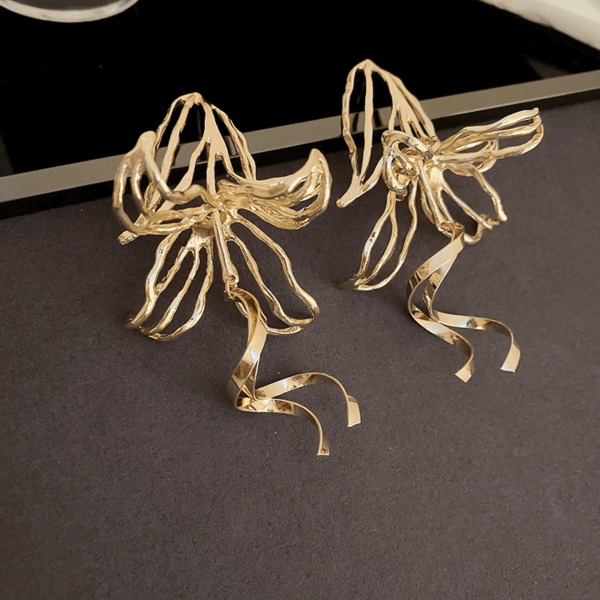 Golden Petal Ribbon Statement Earrings