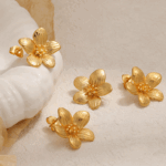 Gold Textured Flower Stud Earrings – Titanium Steel Vintage Bloom