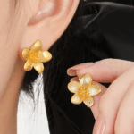 Gold Textured Flower Stud Earrings – Titanium Steel Vintage Bloom