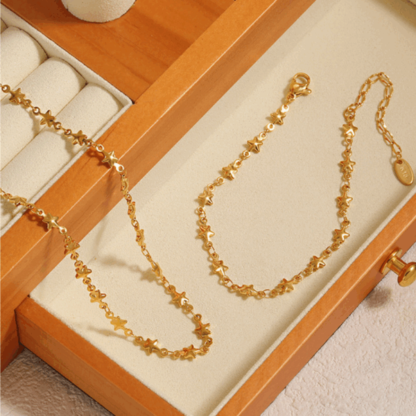 Mini Star Charm Necklace & Bracelet Set – Polished Titanium Steel