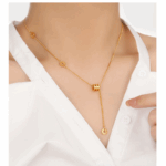 Geometric Gold-Plated Lariat Necklace – Titanium Steel & Pearl Accent