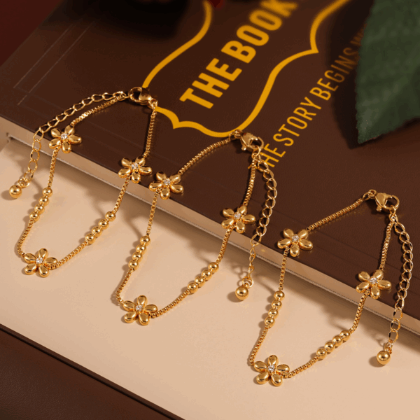 Gold-Plated Daisy Charm Bracelet – Zircon Accent & Titanium Steel