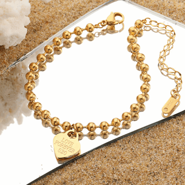 Titanium Steel Bead Bracelet with Engraved Heart Charm – Adjustable Chain