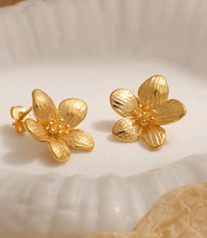 Gold Textured Flower Stud Earrings – Titanium Steel Vintage Bloom