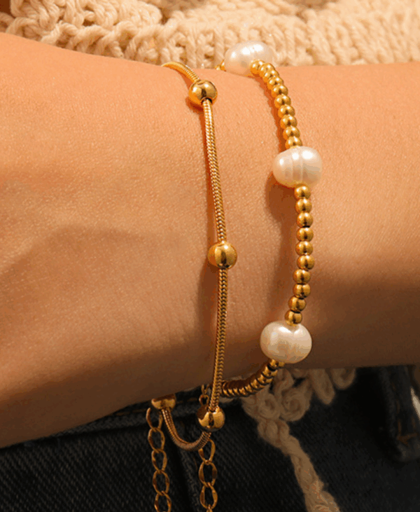 Titanium Steel Snake Chain Bracelet with Polished Beads – Adjustable Fit